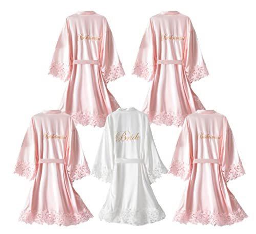 UrHot 5 Pcs Bridesmaid Kimono Robe sets Bride Silky Wedding Day Bathrobe with La