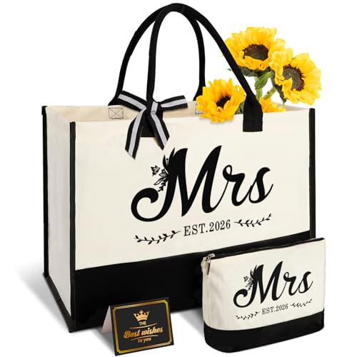 Vanqruo Mrs 2026 Bride Canvas Tote Bag with Makeup Bag, Wedding Gifts for Bridal