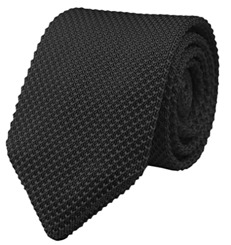 Men's solid black skinny knit tie with flat tip