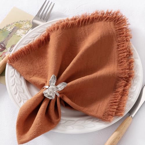DeZerlor Terracotta Cotton Linen Napkins with Fringe, Set of 12