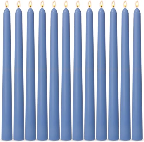 Dusty Blue Taper Candles, 10-Inch Dripless, Set of 12