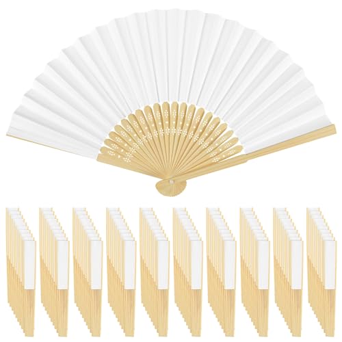 White Folding Paper Hand Fans (100-Pack with Bamboo Handles)
