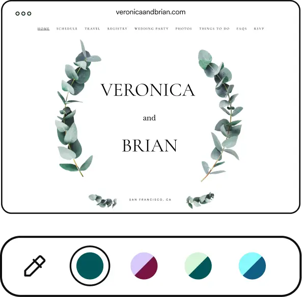 Zola wedding website preview with eucalyptus botanical template and color customization palette