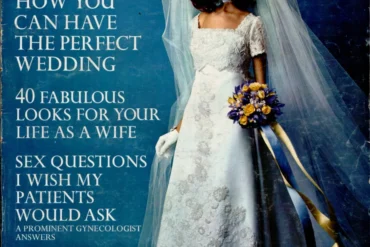 Vintage 1970s Bride's magazine cover with an empire-waist lace gown