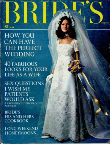 Vintage 1970s Bride's magazine cover with an empire-waist lace gown