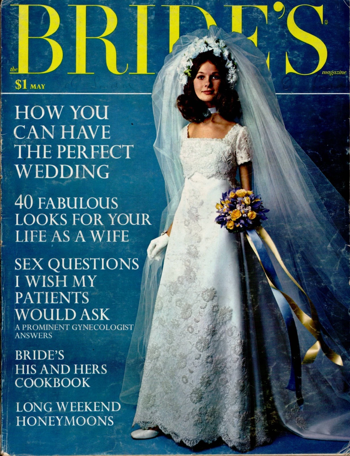 Vintage 1970s Bride's magazine cover with an empire-waist lace gown