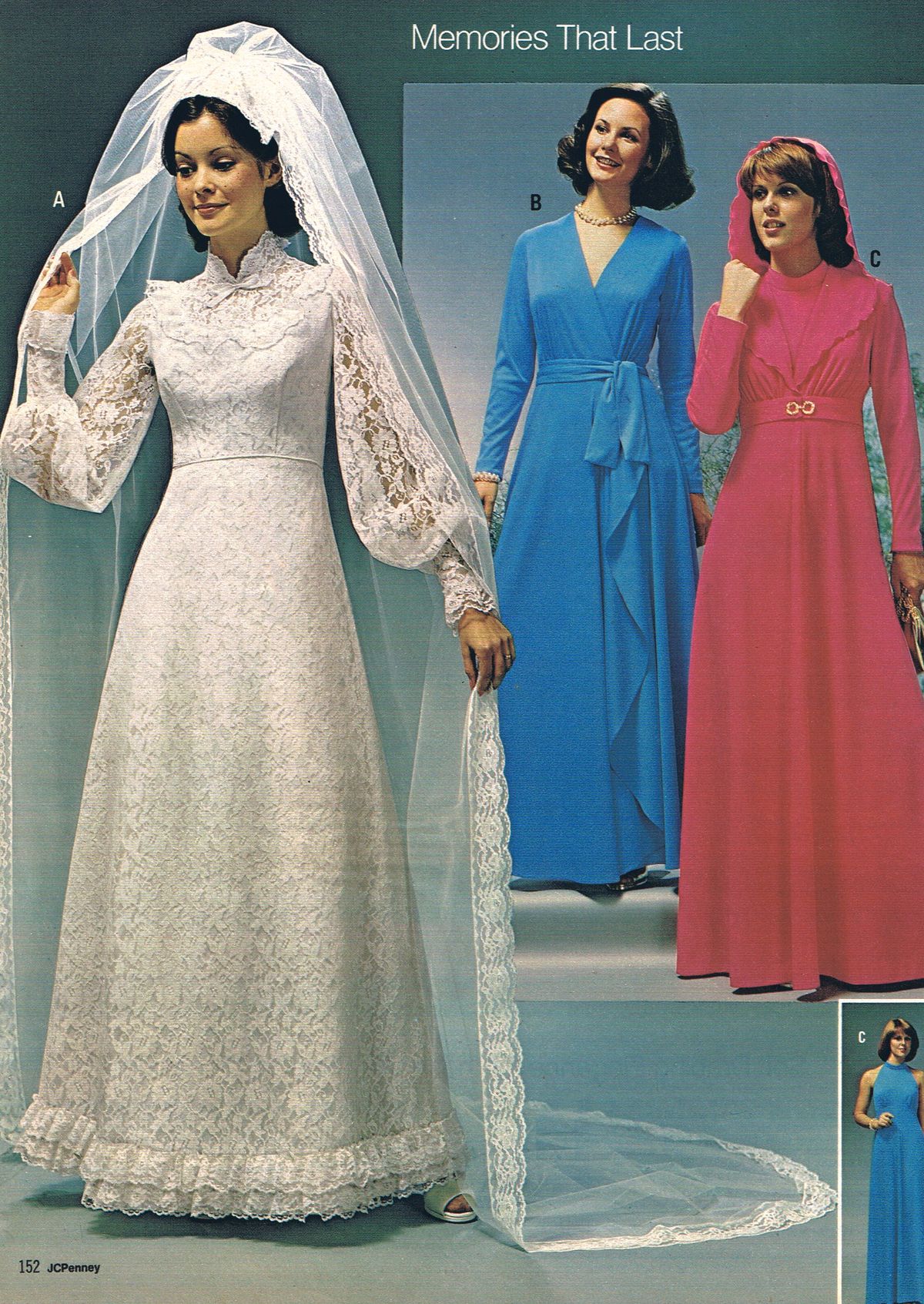 JCPenney 1970s bridal page with a lace gown and blue and pink jersey dresses