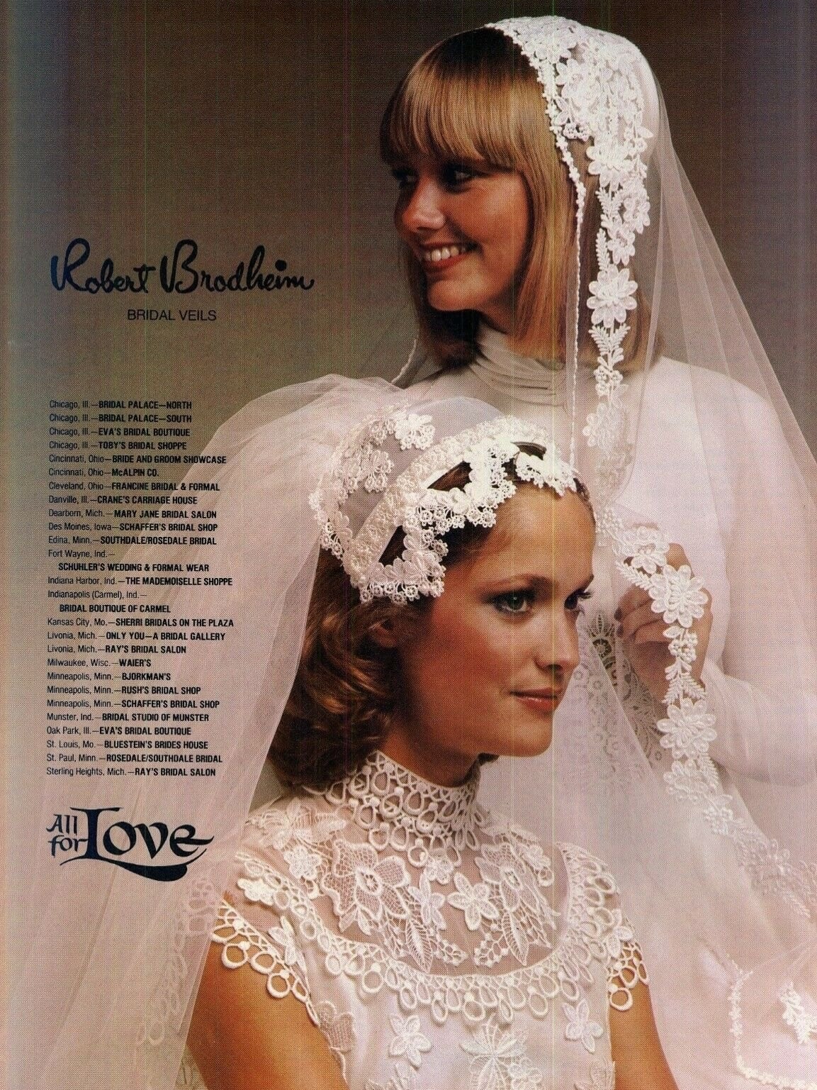 Robert Brodheim 1970s bridal veils ad showing lace-edged camelot caps