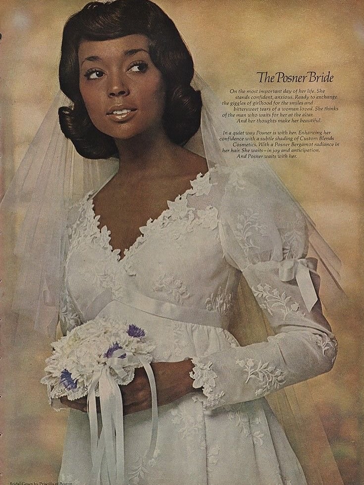 The Posner Bride 1970s ad, bride in a V-neck lace gown with sheer lace sleeves