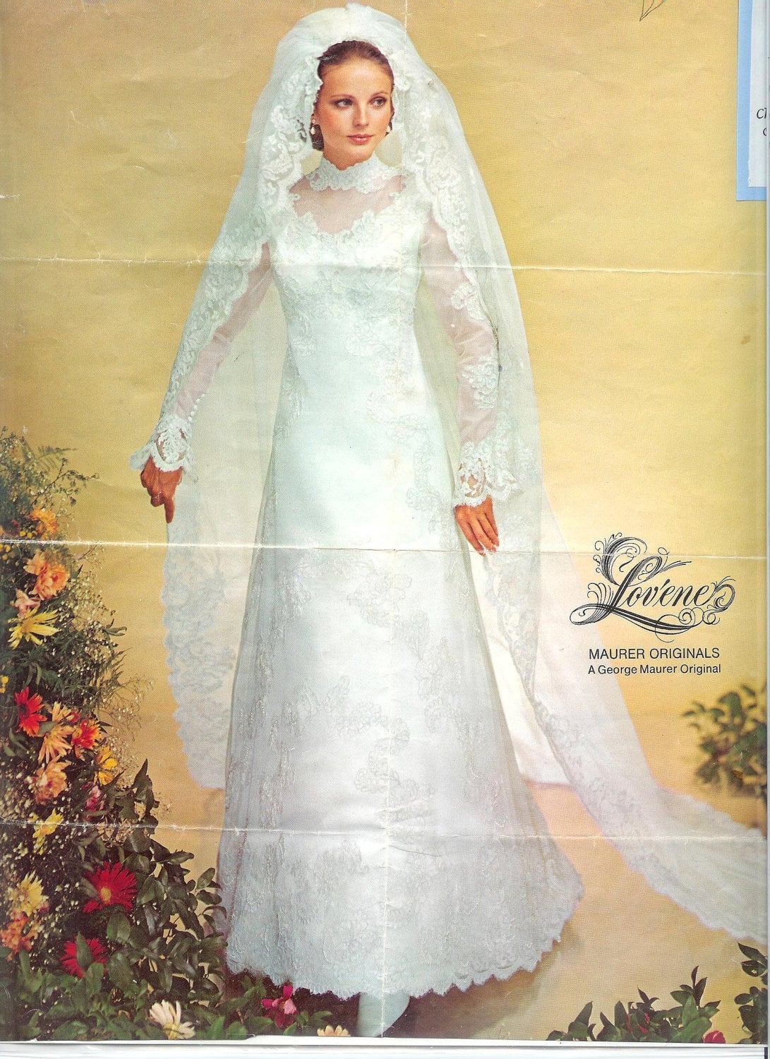 Lovène by George Maurer 1970s lace gown with a full lace-edged mantilla veil