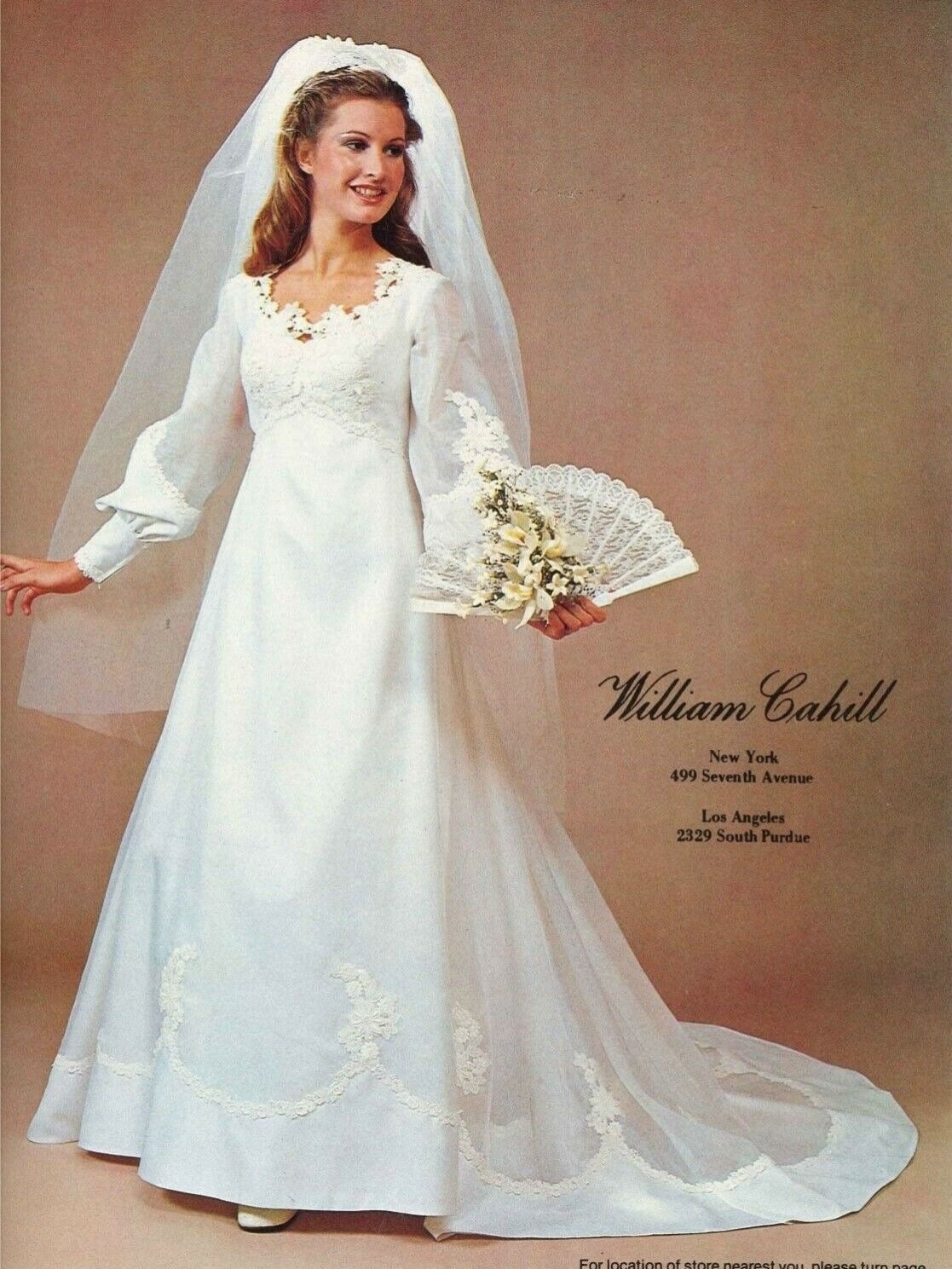 William Cahill 1970s bride holding a lace fan dressed with flowers instead of a bouquet