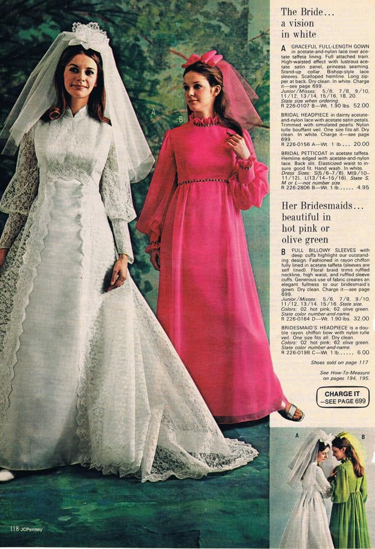 JCPenney 1970s catalog page, white bridal gown next to a hot pink bridesmaid gown with prices
