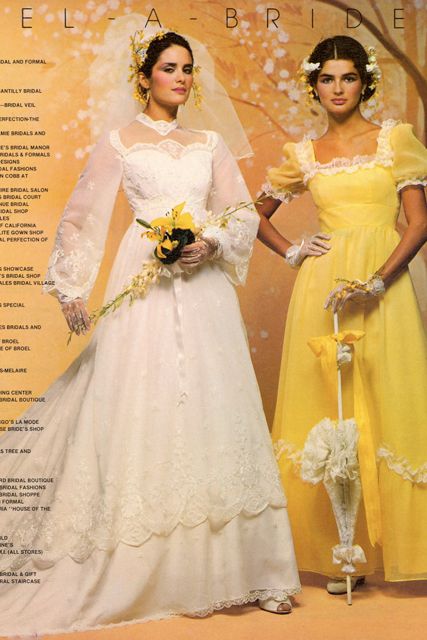 1970s bride in ivory next to an attendant in a marigold yellow gown with a parasol