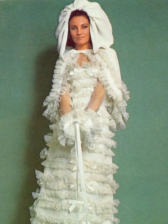1970s hooded wedding gown ruffled from the hood to the hem