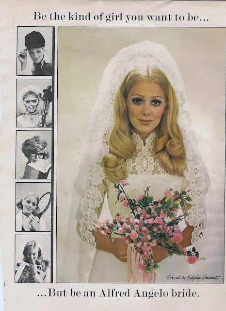 Alfred Angelo 1970s ad, bride with long flipped center-parted hair under a lace mantilla