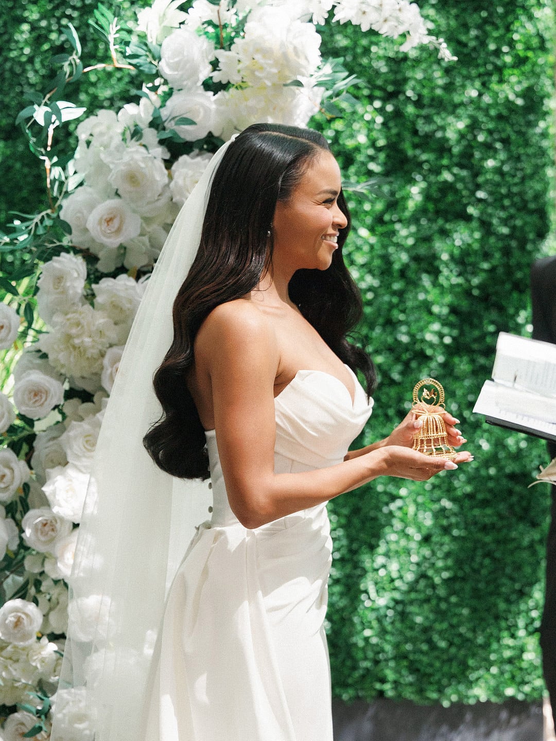 Portrait of the bride in a modern slip wedding gown