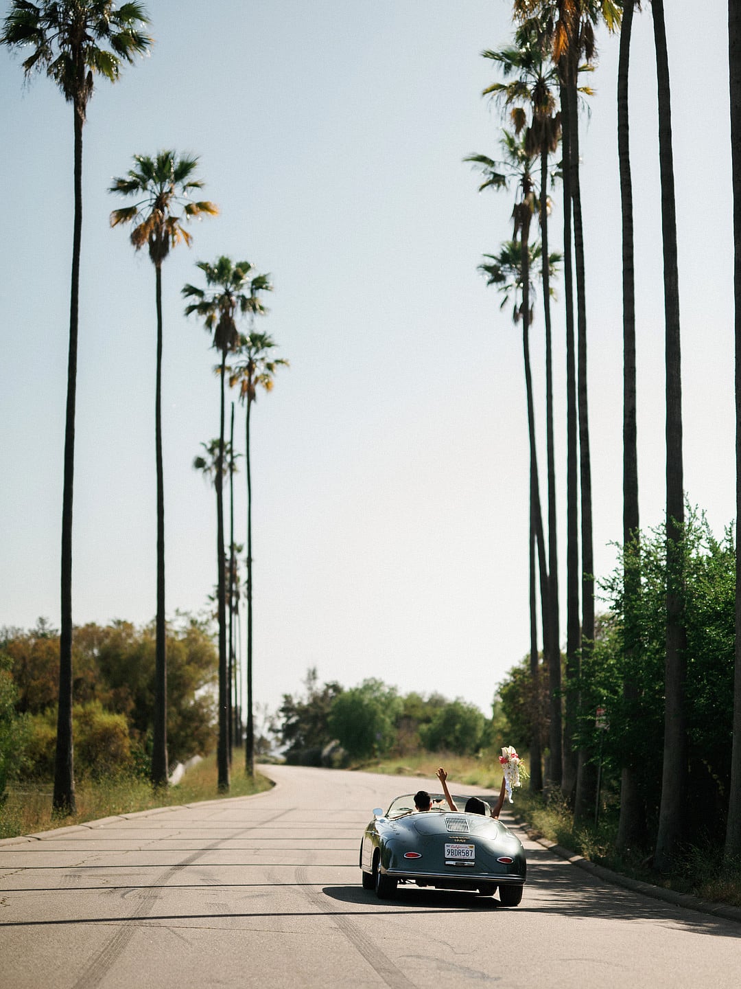 Dyeneka and Kevin driving away down a palm-lined street