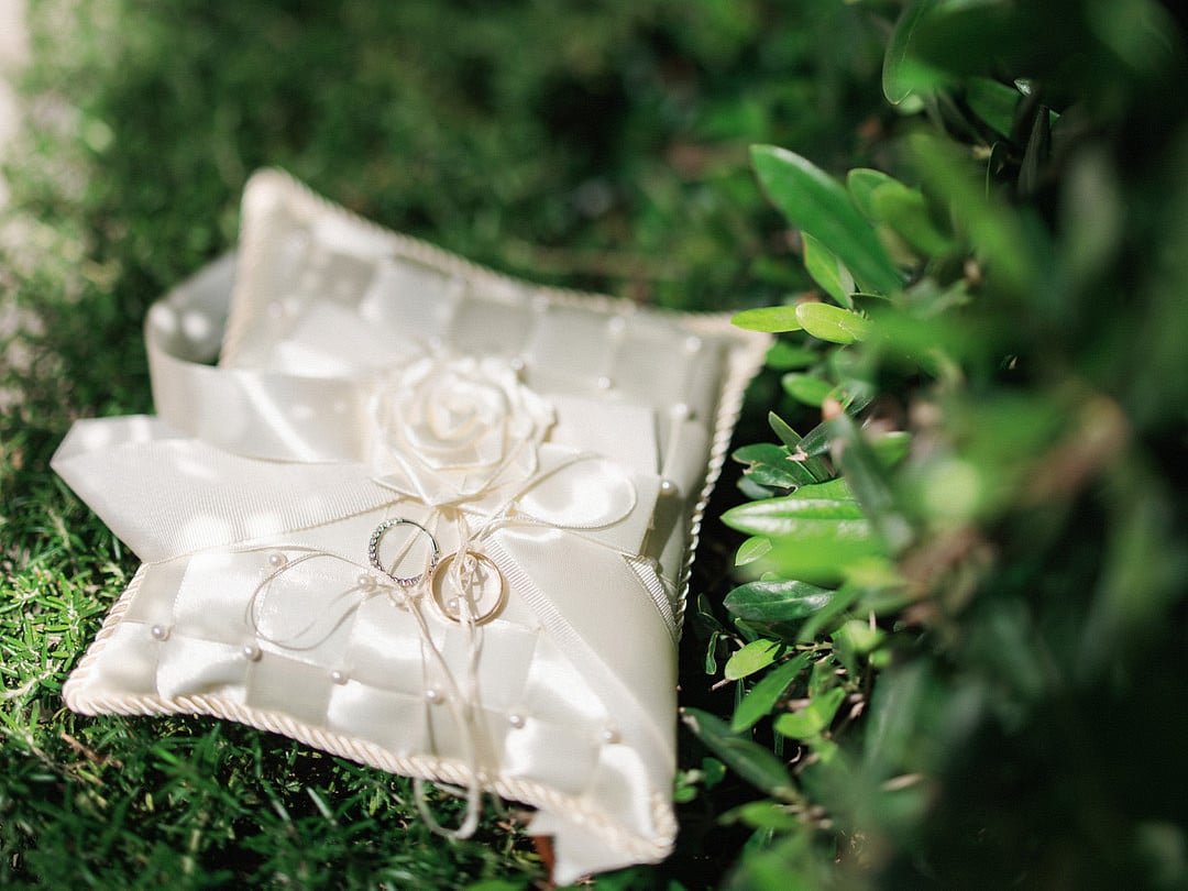 Dyeneka and Kevin's wedding rings on a ring pillow
