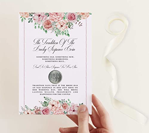 Old sixpence coin with something old something new wedding card for the bride