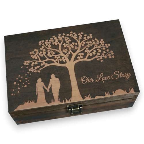 Engraved wooden wedding memory keepsake box for letters and photos