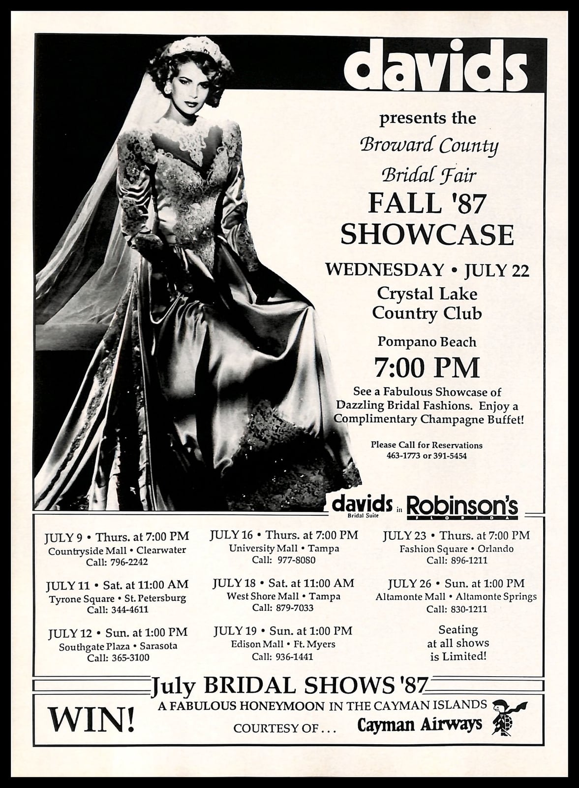 The full July 1987 newspaper ad for the Davids bridal fair with event details and champagne buffet promise