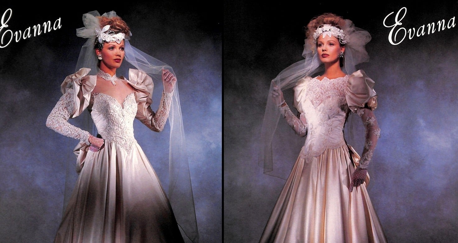 1987 Evanna two-page bridal ad, two brides with teased curled topknots and tulle pouf veils