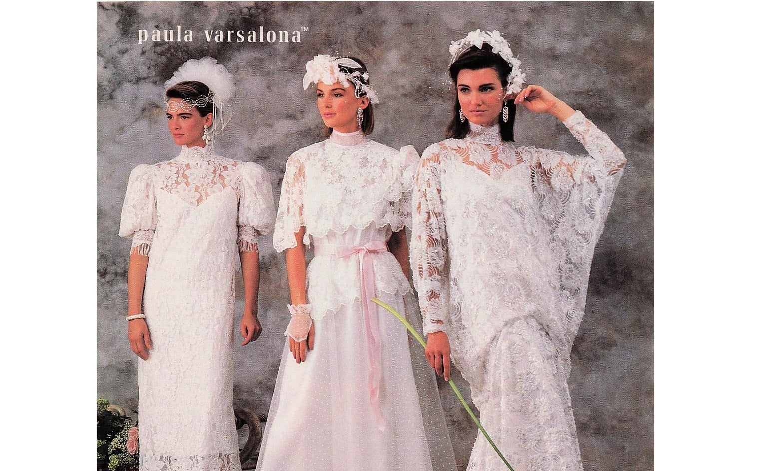 1987 Paula Varsalona ad, three brides wearing a beaded forehead band, a feathered fascinator, and a floral wreath