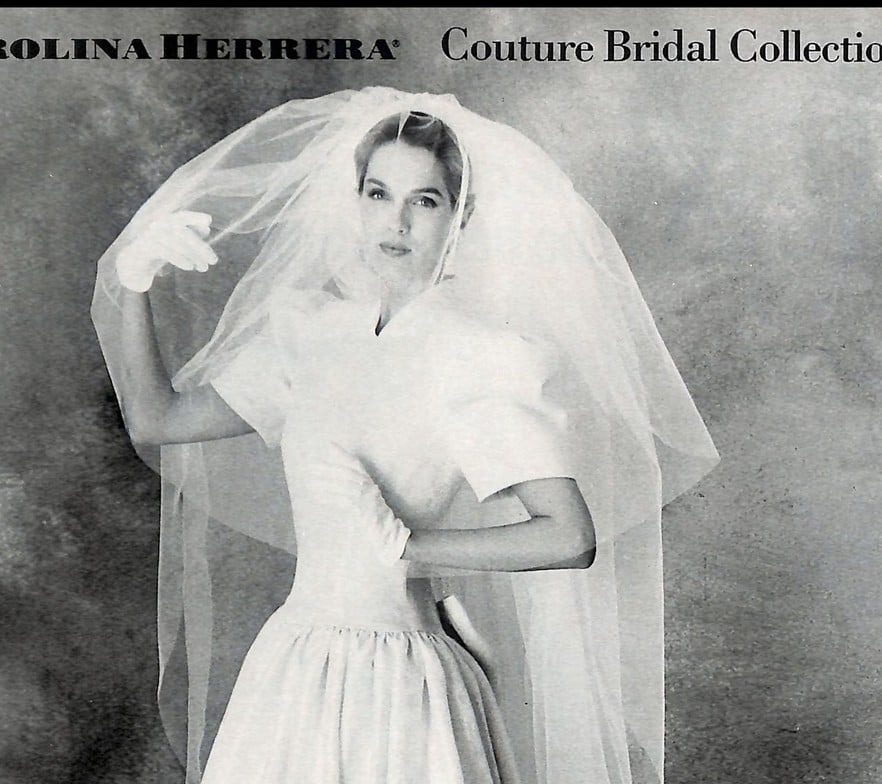 1988 Carolina Herrera Couture Bridal Collection ad, bride with short sleek hair under a pouf veil, black and white