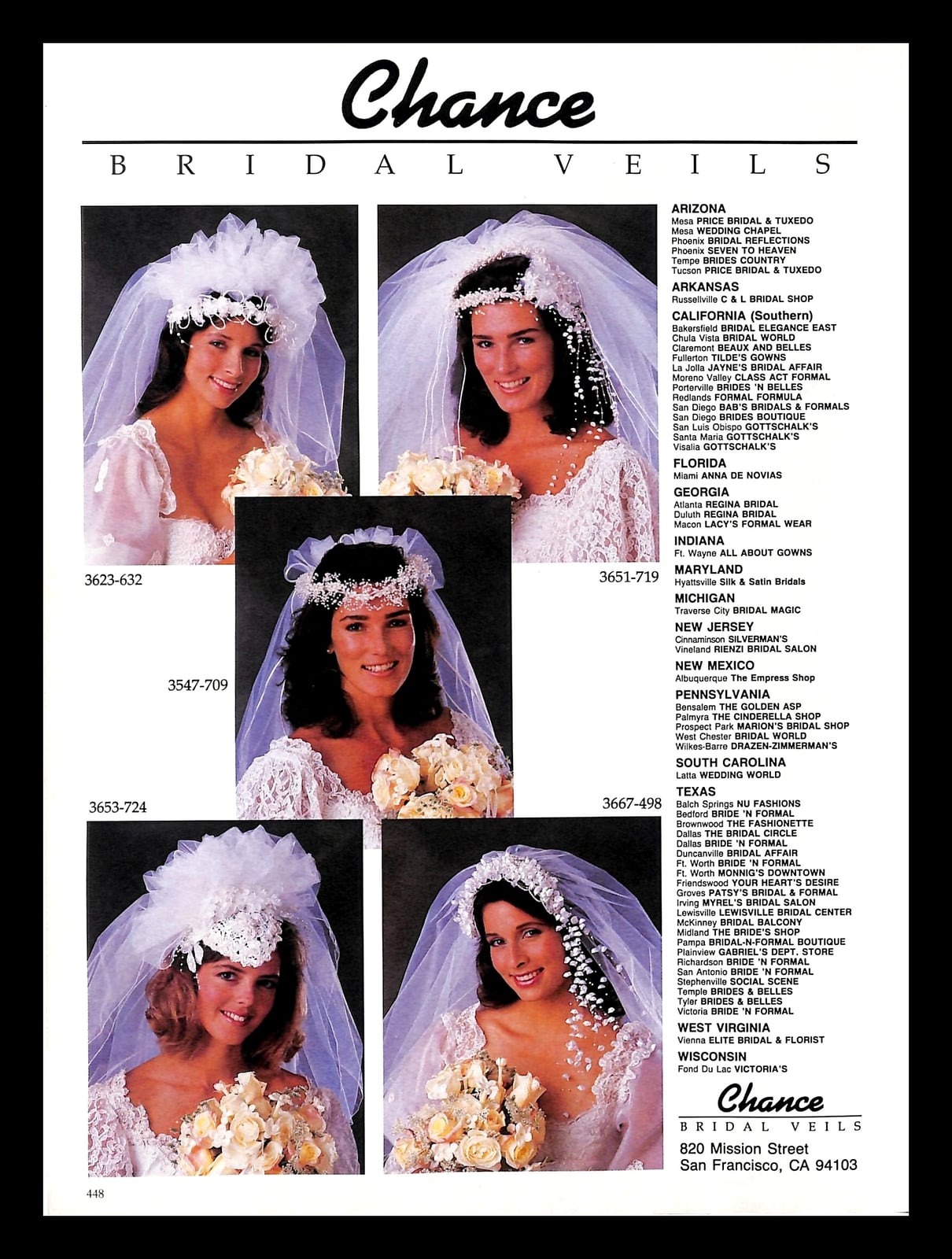 The full 1988 Chance Bridal Veils page with all five numbered styles and the state-by-state dealer directory