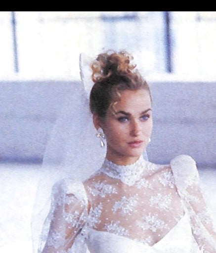 1988 Darva ad, bride with curly topknot bun and white bow, second model in burgundy with a black bow veil
