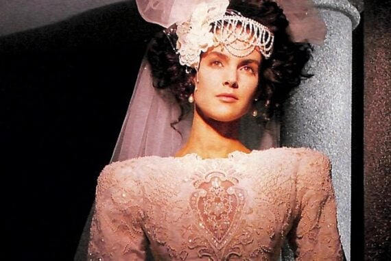 1988 Ilissa Golden Awards ad, bride with pearl-draped headpiece over big dark curls