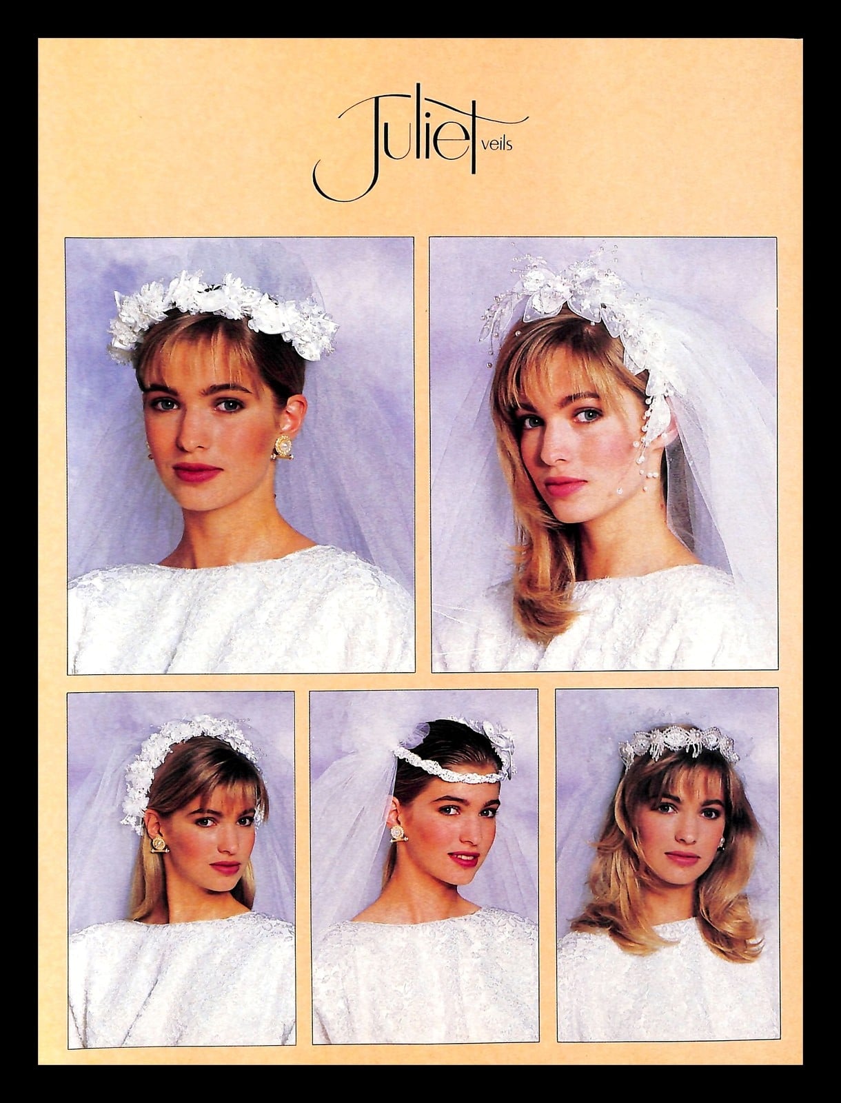 1988 Juliet Veils ad, five close-ups of the same model in different headpieces, all with wispy bangs