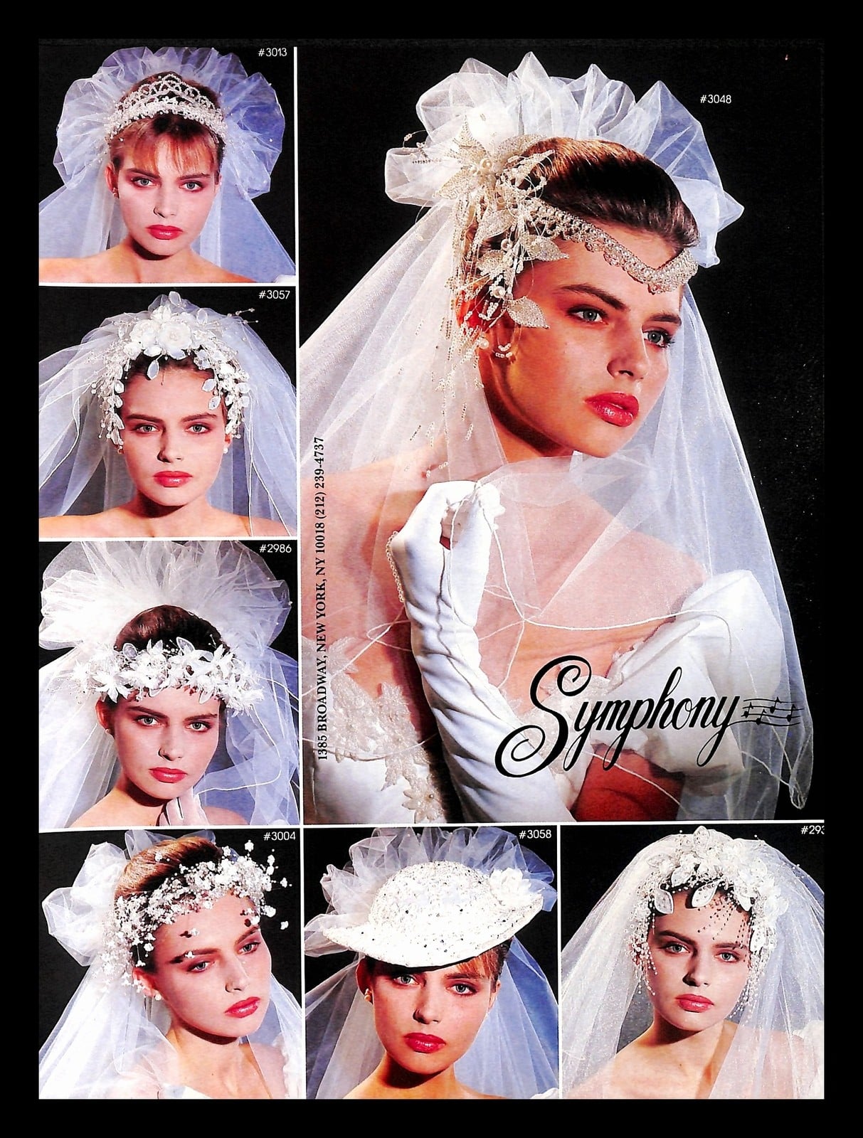 1988 Symphony ad showing seven bridal headpiece styles including a tiara over a pixie cut and a beaded hat