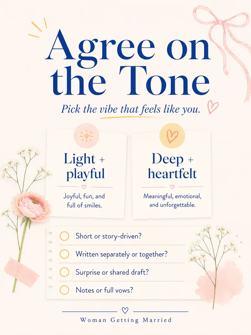 Agree on the tone of your wedding vows: light and playful or deep and heartfelt