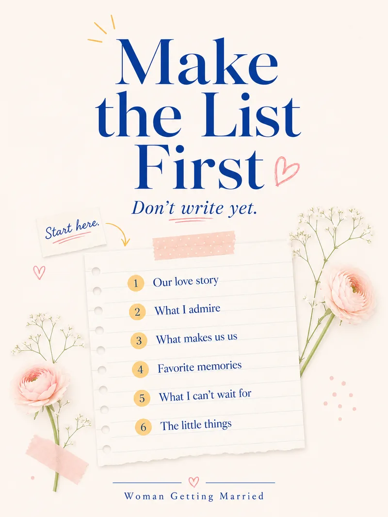 Make the list first before writing wedding vows: our love story, what I admire, favorite memories