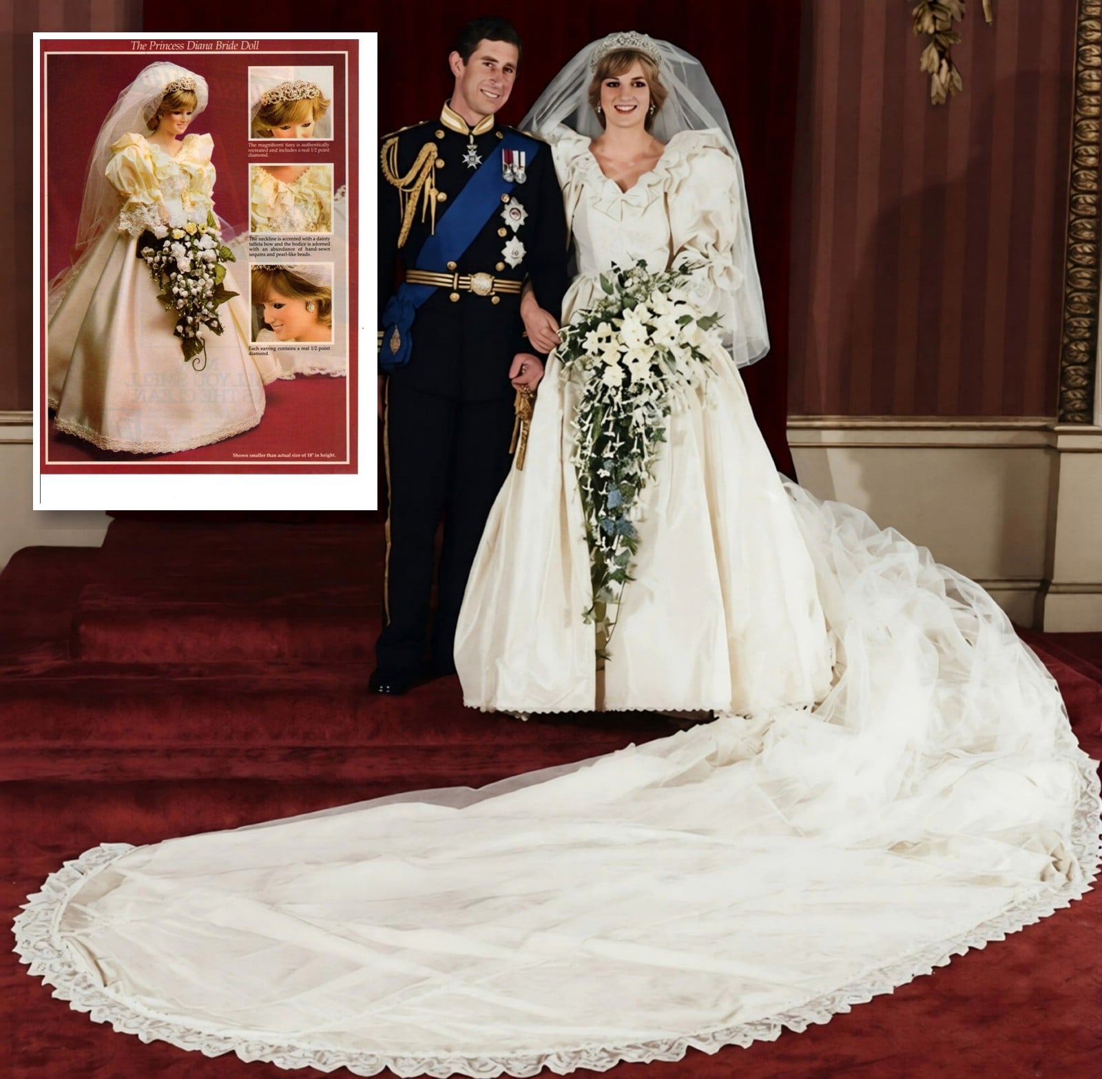 Prince Charles and Princess Diana's official wedding portrait, July 29, 1981, with the 1986 Princess Diana Bride Doll ad shown as an inset