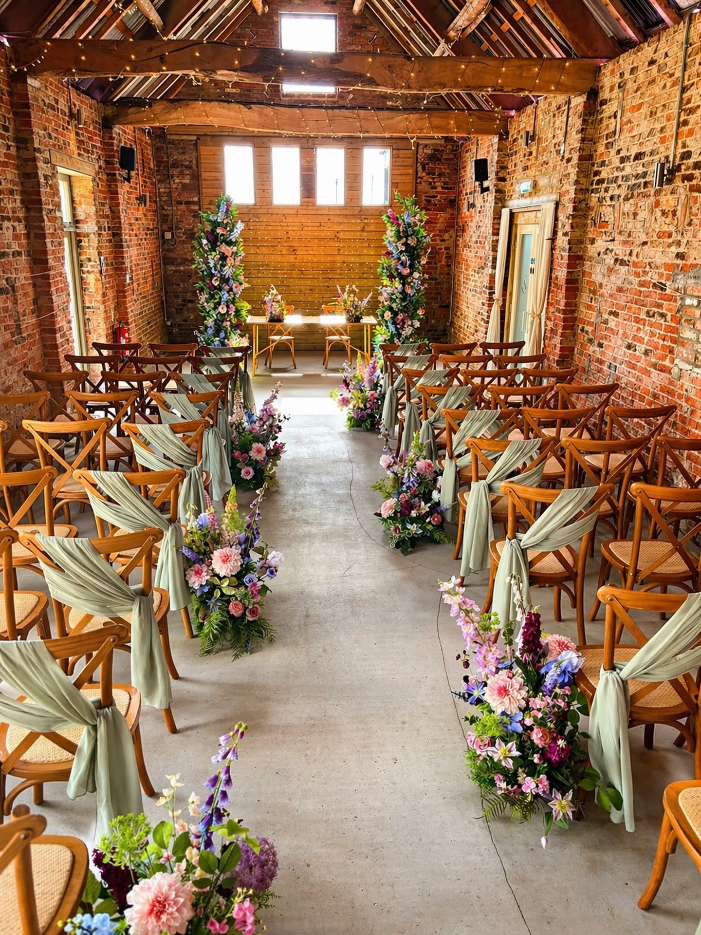 Brick barn wedding ceremony aisle lined with colorful wildflower meadow arrangements and sage green chair drapes