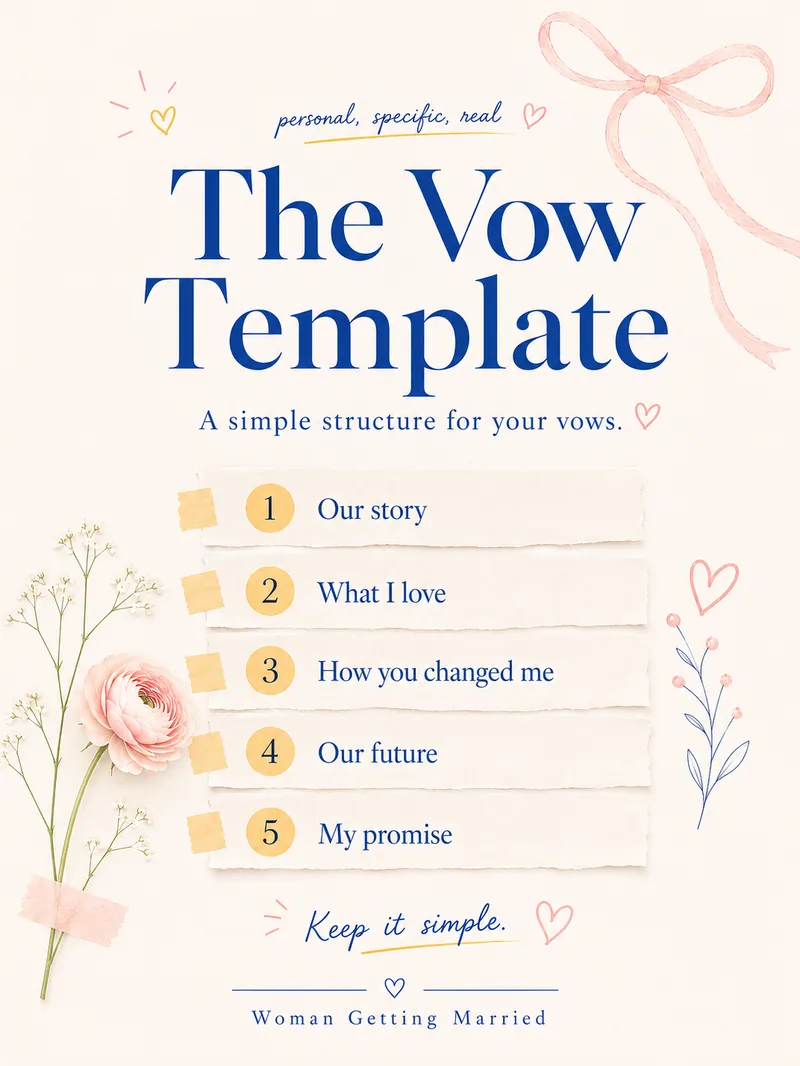 The wedding vow template: our story, what I love, how you changed me, our future, my promise