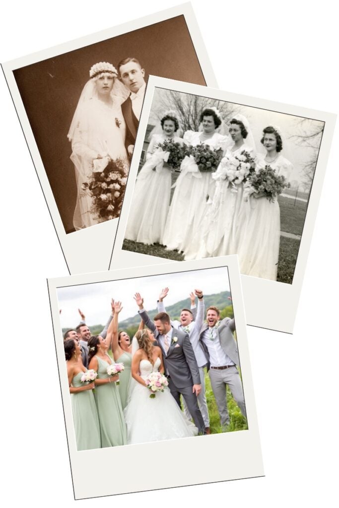 Wedding traditions then vs now: vintage wedding photos next to a modern wedding party celebrating