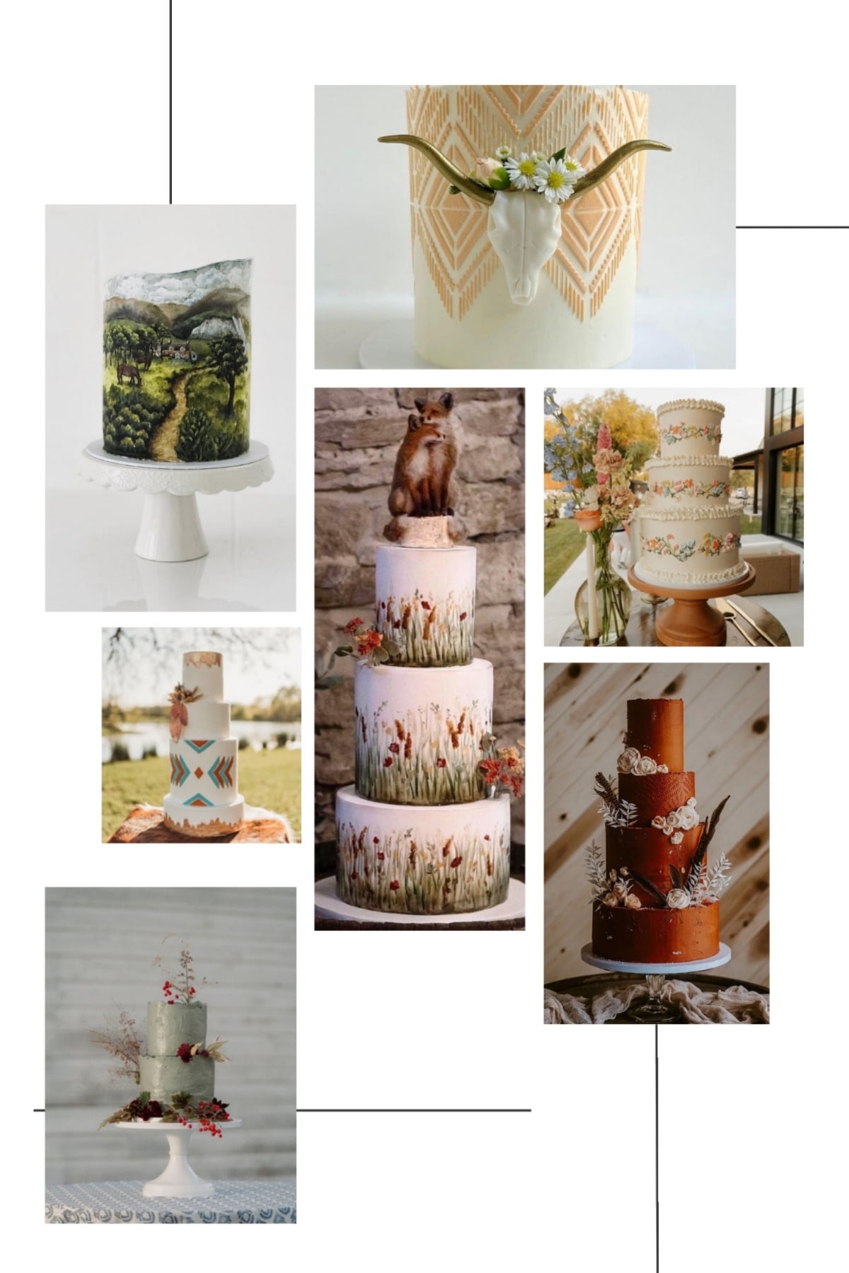 Collage of seven western wedding cakes including hand-painted countryside, longhorn skull, fox topper, and sage green designs