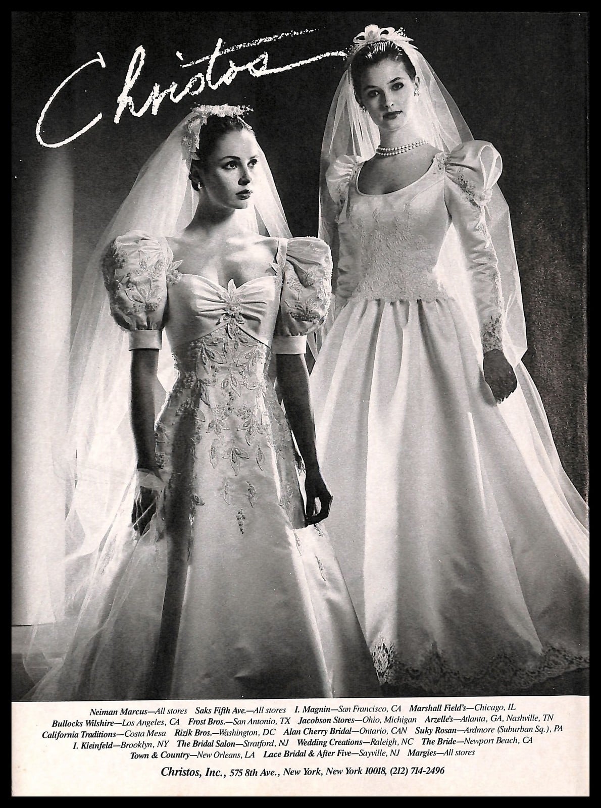 1987 Christos bridal advertisement in black and white: two brides in satin gowns with enormous puffed sleeves, one with a sweetheart neckline and one with a lace bodice