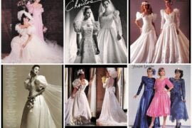 Collage of 1980s wedding dress advertisements: ruffled off-the-shoulder gown with lace fan, puff-sleeve satin gowns, drop-waist beaded gowns, bow-trimmed Oscar de la Renta gowns, and jewel-tone satin bridesmaid dresses