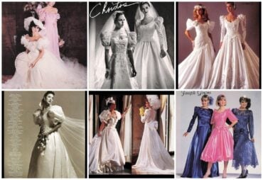 Collage of 1980s wedding dress advertisements: ruffled off-the-shoulder gown with lace fan, puff-sleeve satin gowns, drop-waist beaded gowns, bow-trimmed Oscar de la Renta gowns, and jewel-tone satin bridesmaid dresses