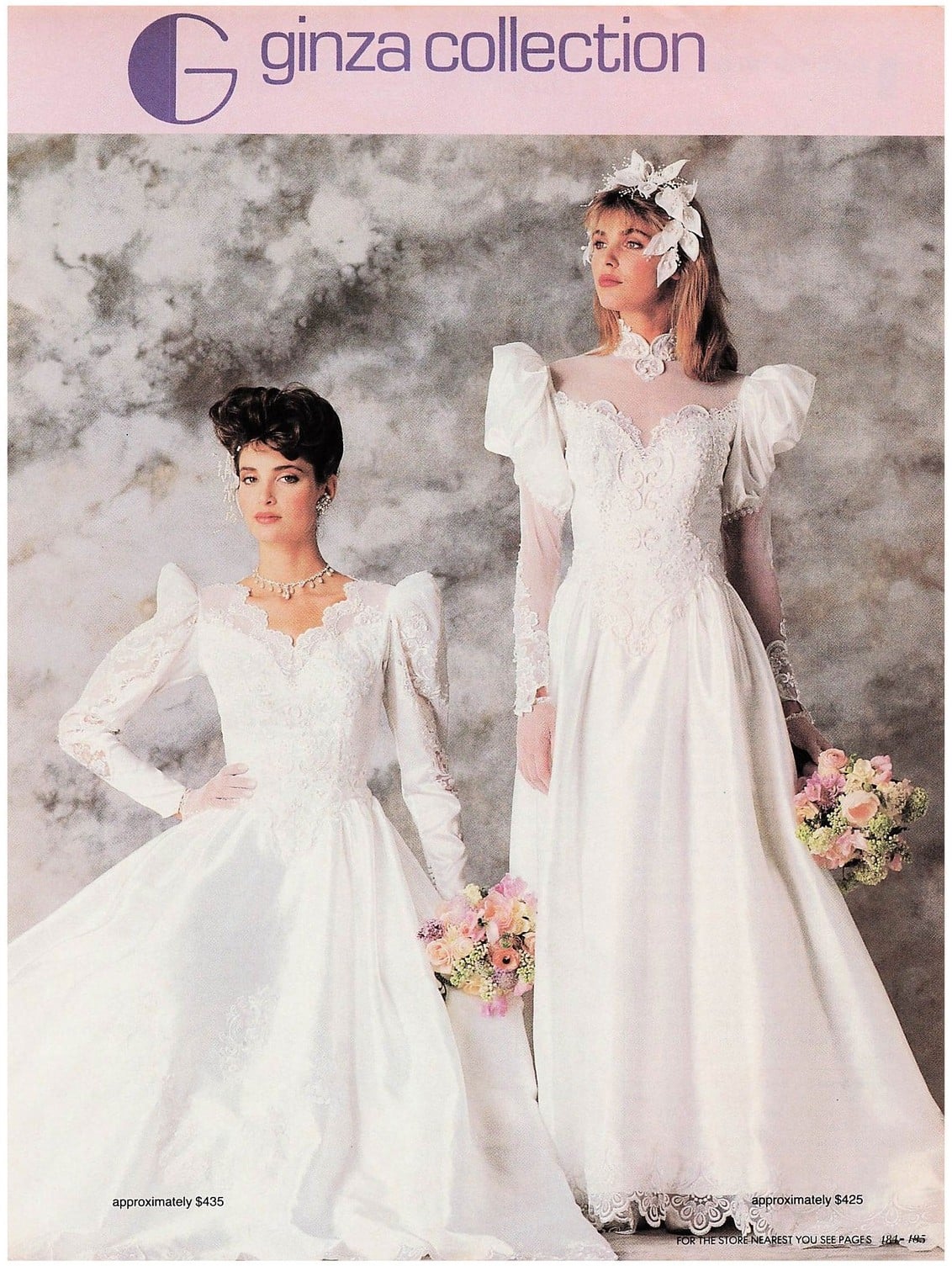 1987 Ginza Collection advertisement: two brides in drop-waist satin and lace wedding gowns with puffed sleeves, priced approximately $435 and $425
