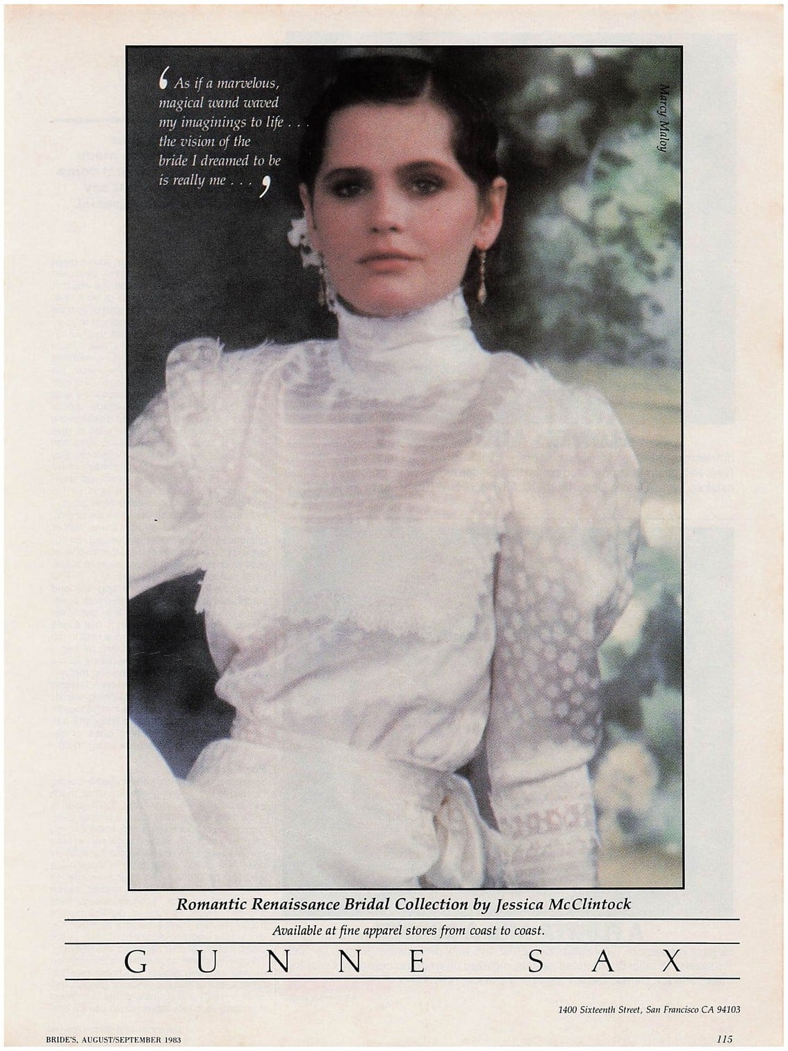 1983 Gunne Sax by Jessica McClintock advertisement from Bride's magazine: bride in a high-neck Victorian lace wedding dress with a pintucked bodice