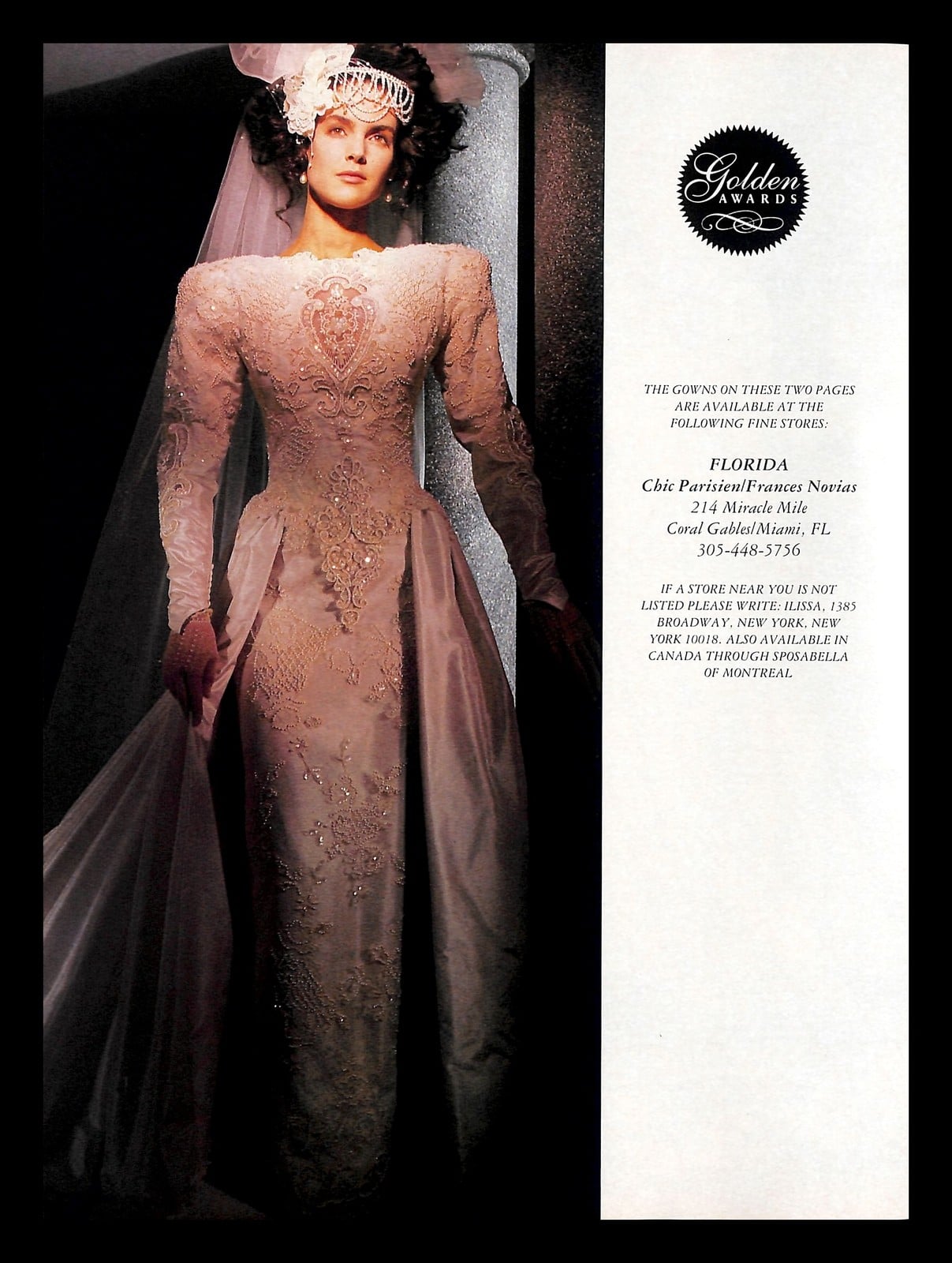 1988 Ilissa advertisement: bride in a fully beaded long-sleeve sheath wedding gown with a high neckline and a small beaded headpiece