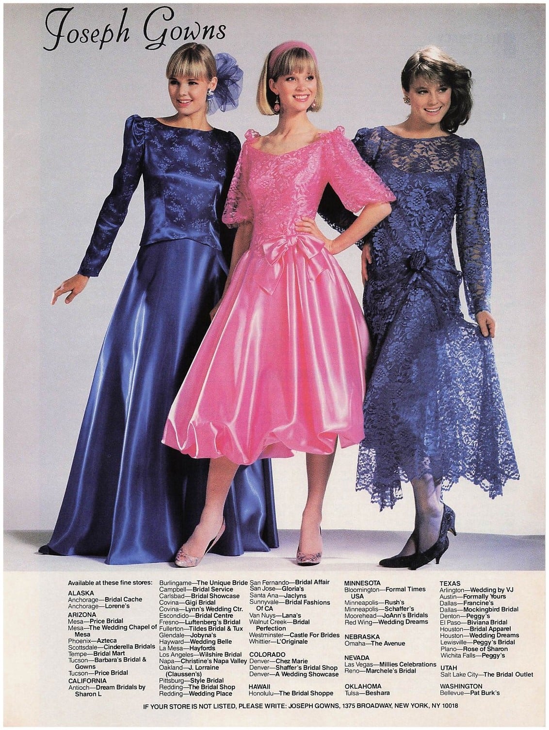 1987 Joseph Gowns bridesmaids advertisement: three models in royal blue, hot pink, and purple satin puff-sleeve bridesmaid dresses