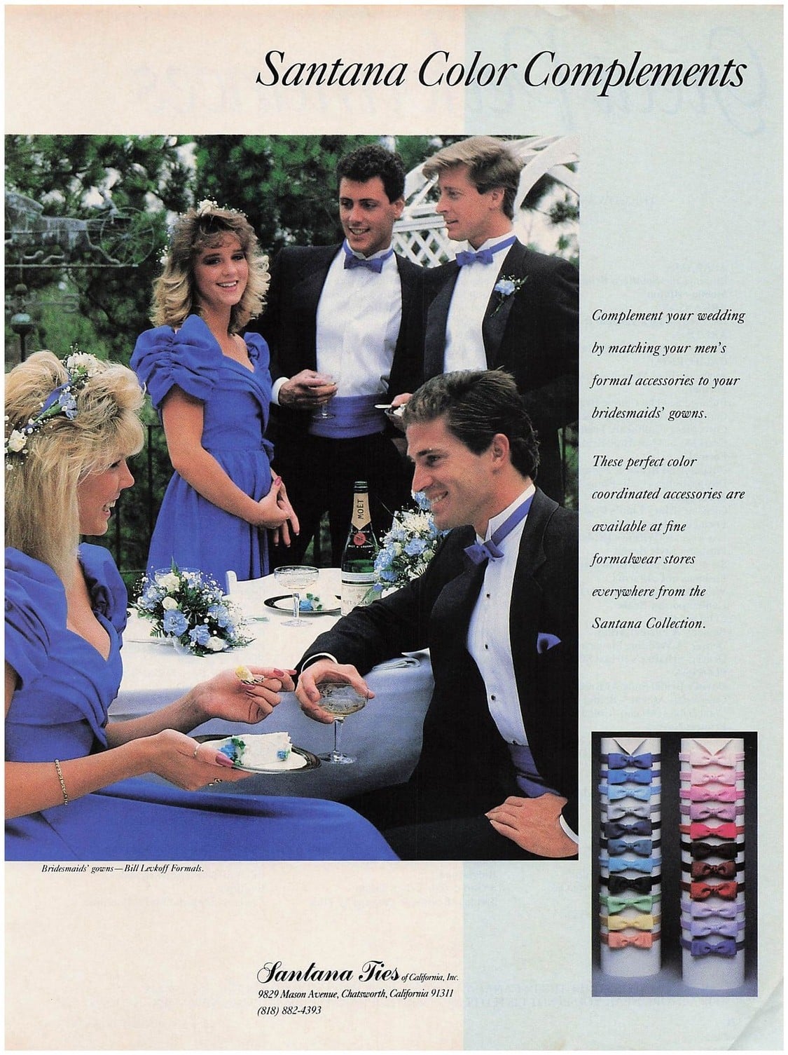 1987 Santana Ties and Bill Levkoff advertisement: bridesmaids in blue dresses seated with groomsmen wearing matching blue ties, with a color swatch strip