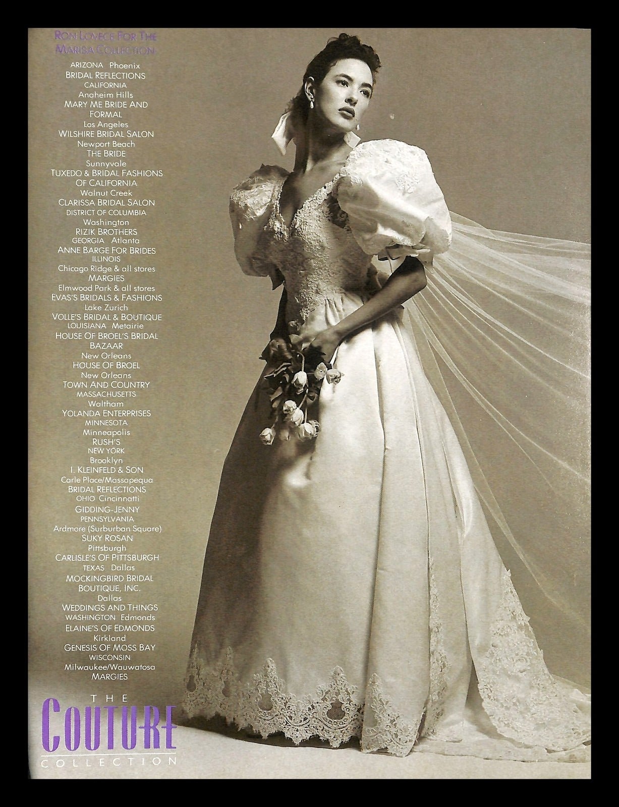 1988 Marisa Collection advertisement: bride in a satin puff-sleeve wedding gown with a beaded lace bodice and long cathedral train