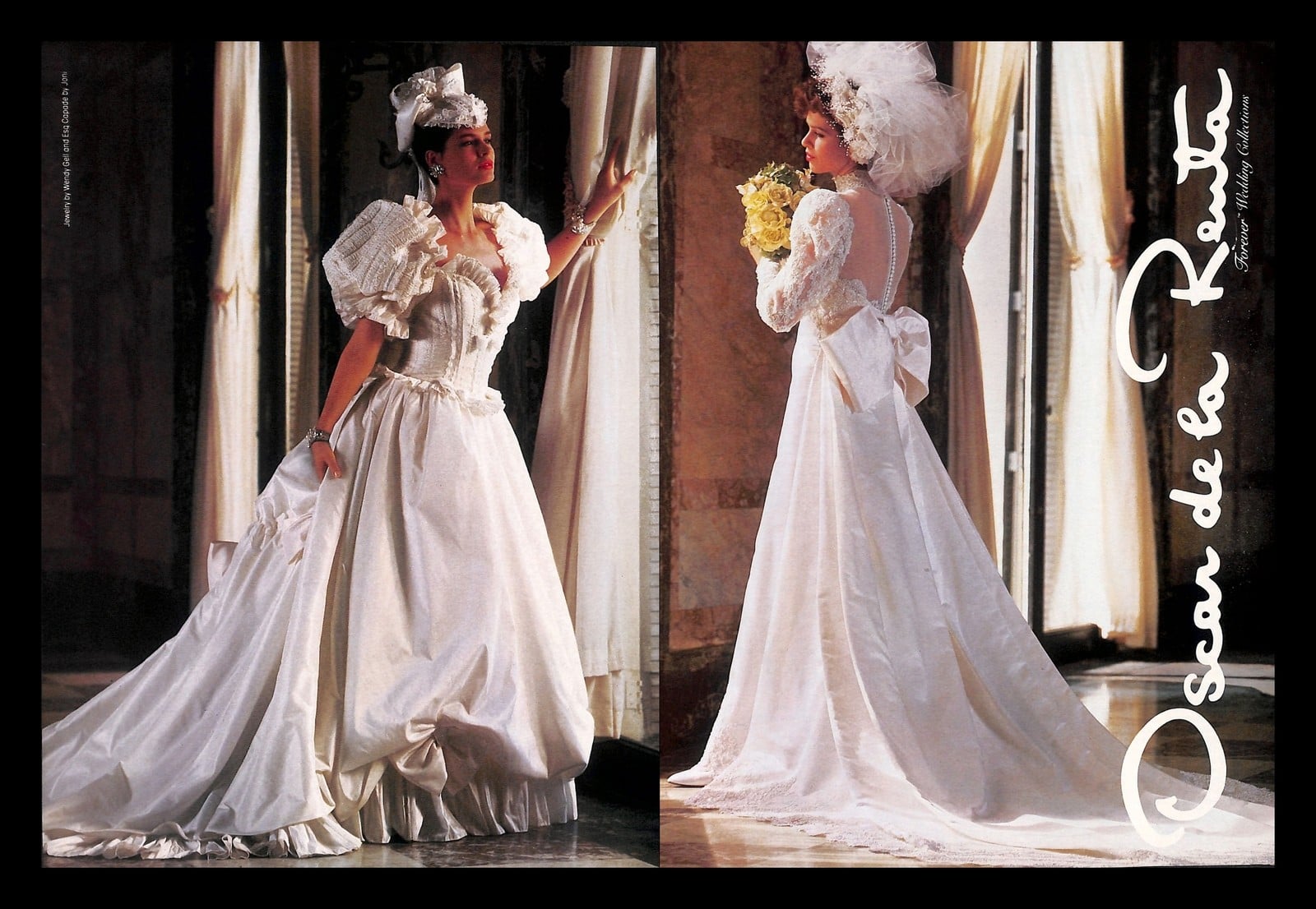 1988 Oscar de la Renta Forever Wedding Collection advertisement: two brides, one in a ruffled puff-sleeve satin gown, one in a gown with a large bow at the back and a lace hat